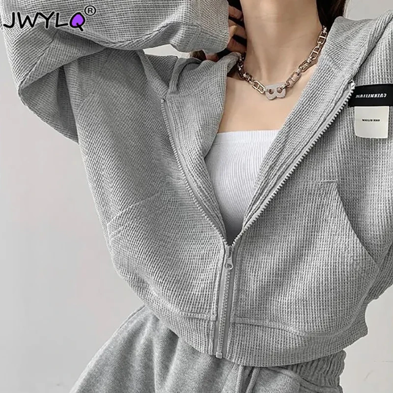 

2023 Cropped Zip Up Hoodie Sweatshirts Korean Fashion Long Sleeve Pocket Streetwear Clothes For Woman New Solid Color Loose Tops