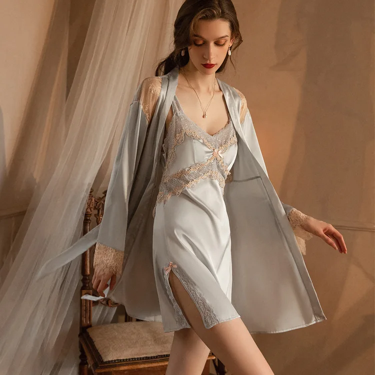 Thin lace stitching sexy temptation pajamas women's suspender nightdress simulation ice silk home service nightgown