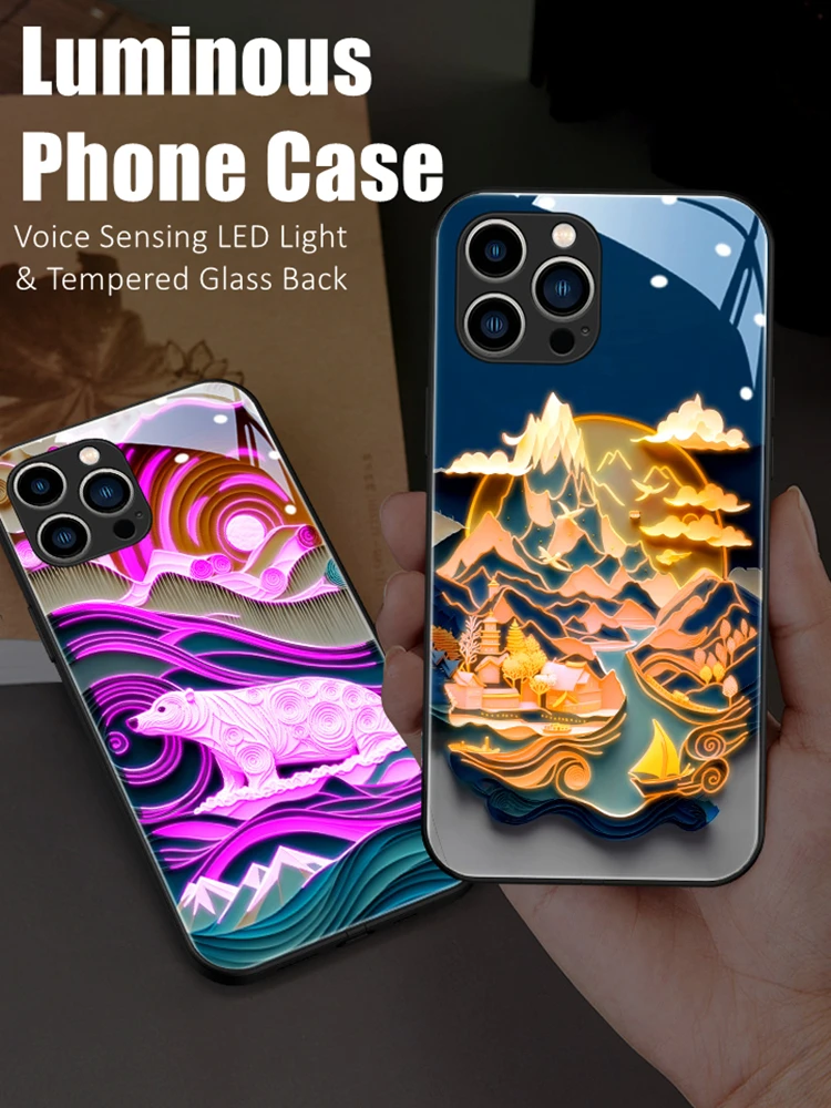 

Colorful Chinese Art LED Light Glow Luminous Tempered Glass Phone Case for OPPO Reno 4 5 6 7 8 9 Find X5 Realme X50 Pro Plus SE