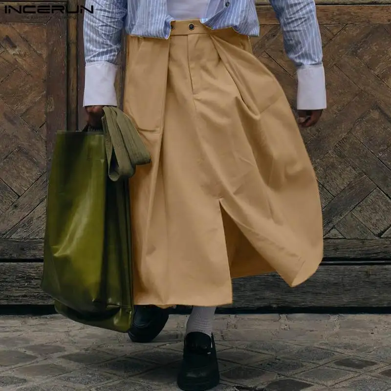 

INCERUN 2023 новые мужские брюки в американском стиле, однотонные брюки с Боковым Разрезом и карманами, Повседневные Удобные брюки с широкими штанинами и полуюбкой, женские брюки