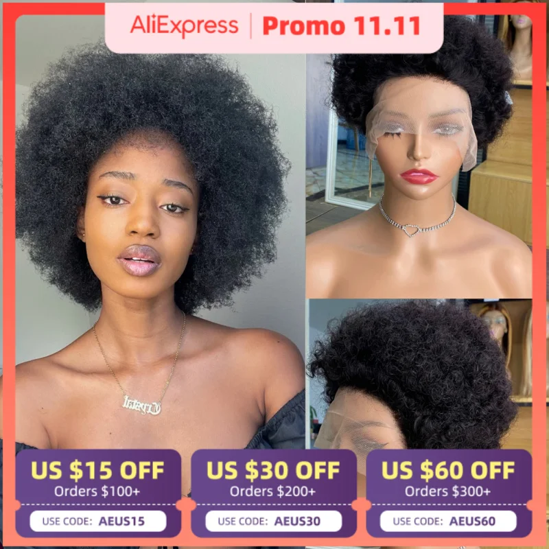 

Afro Kinky Curly Pixie Cut Wig Human Hair 13x1 Front Lace Wig Classical African Fluffy Bouncy Curls Wig On Promotion Free Ship