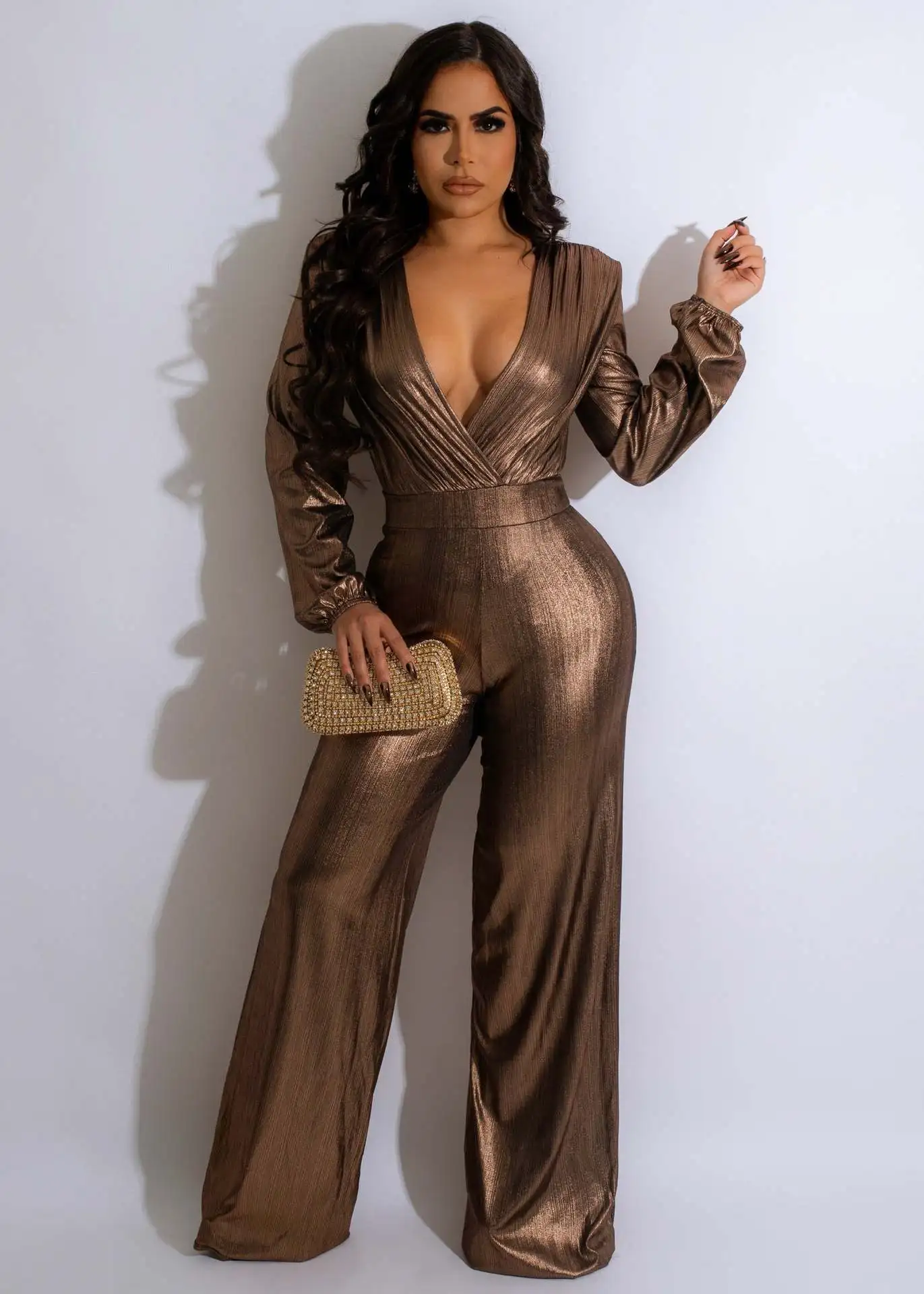 

Sexy Bronzing Long Sleeve Wide Leg Pant Jumpsuit New Women V Neck One Pieces Rompers Night Clubwear Outfits