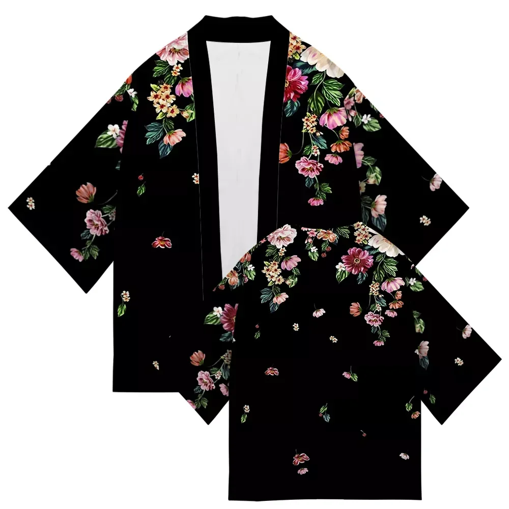 

NEW IN LN Plus Size Flowers Print 2023 Summer Chic Loose Japanese Streetwear Cardigan Women Men Harajuku Kimono Cosplay Tops Shi