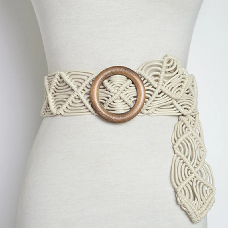 

Vintage Wide Bohemian Belts for Women Round Wood Buckle Woven Braided Rope Belt Female Casual Crochet Boho Dress Waistband