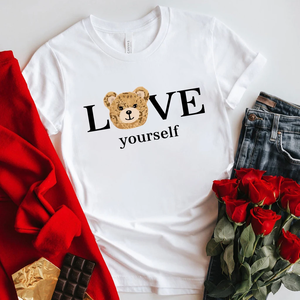 

Love Yourself Cartoon Bear Printed Kawaii Couples T Shirt Women Short Sleeve Summer Valentine's Day Ladies Tee Shirt Cute Gift