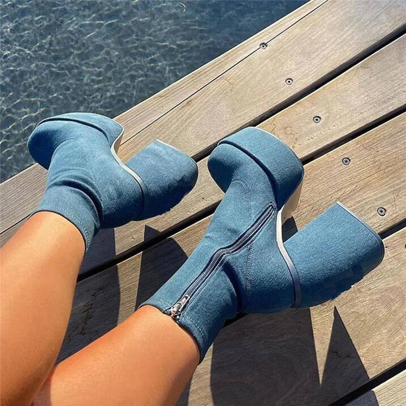 

Fashion Plus Size Design Platform Denim High Heels Outdoor Ankle Women Boots Autumn Zipper Sexy Round Toe Short Booties Shoes