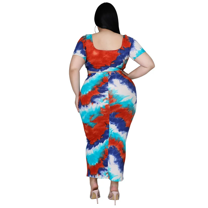 Plus Size Clothing Women's Wear Summer Ribbed Pit Strip Digital Printing Two-piece Skirts Set Whole 3xl 4xl 5xl 6xl