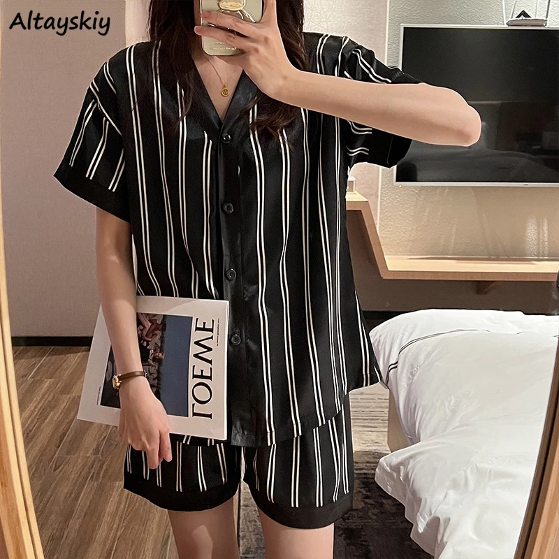 

Pajama Sets Women Short Summer Breathable Striped Design Fashion Cozy Lounge V-neck Vintage Pretty Simple Leisure Loose Female