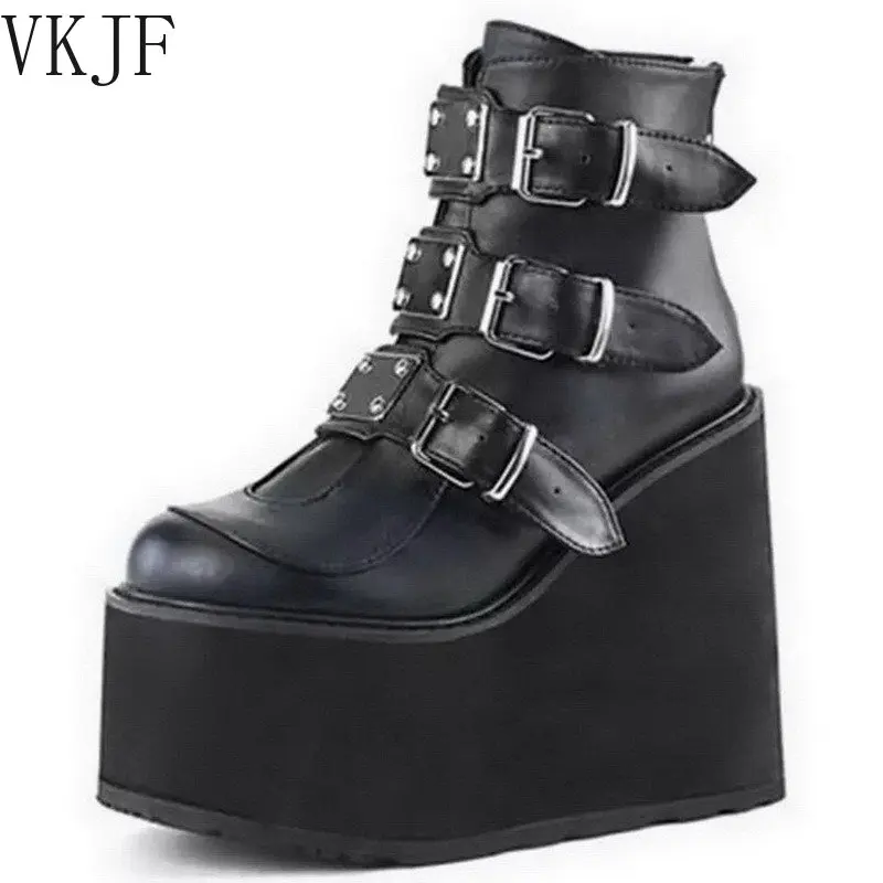 2022 Women Ankle Boots Gothic Platform Punk Winter Black High Heels Demonias Sexy Ladies Shoes Plus Size 41 42 43