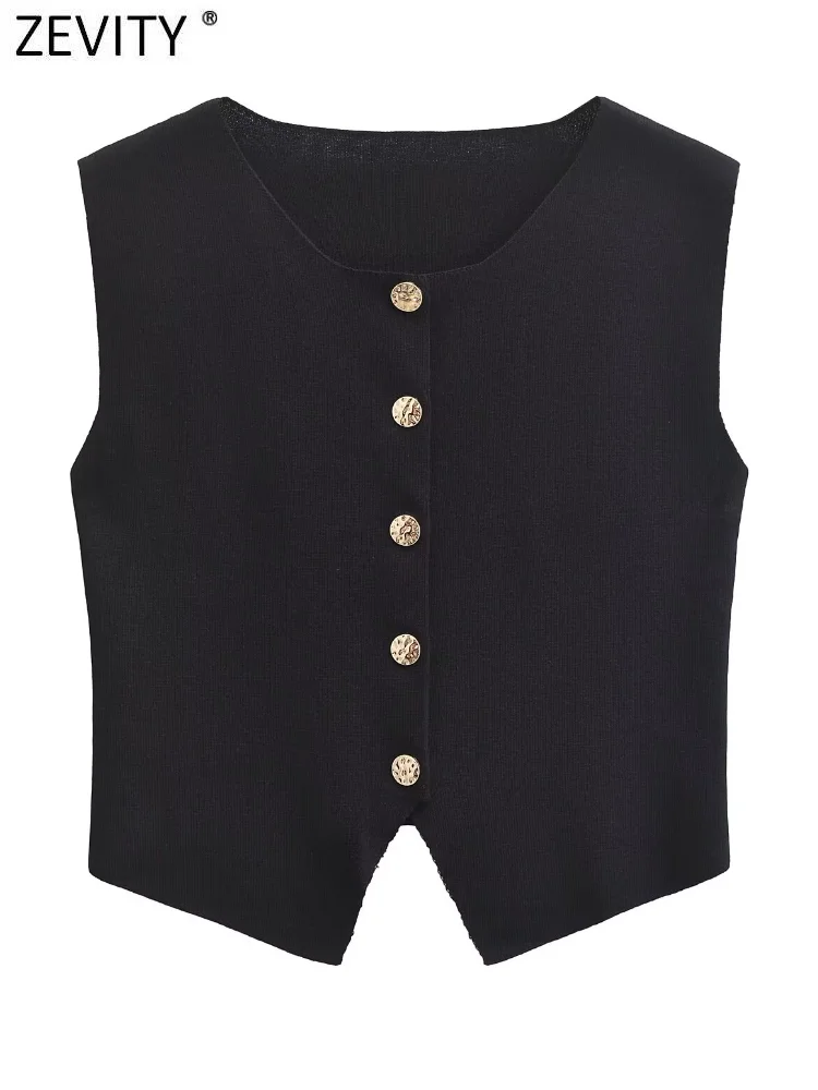 Zevity новинка 2024 женский модный однотонный вязаный жилет без рукавов с круглым