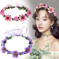 color simulation bloomy rose flower leaf crown headband with adjustable ribbon beach vacation hairbelt hair accessories