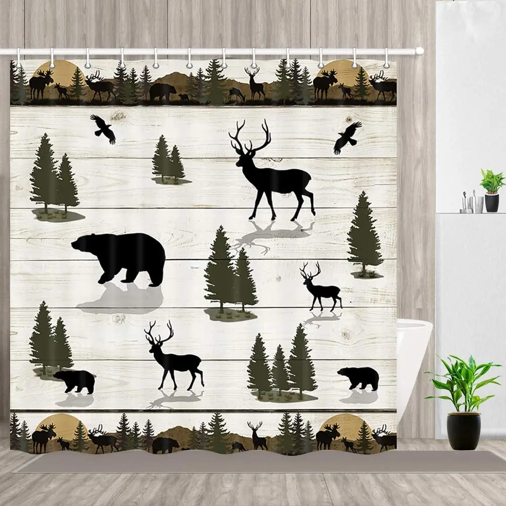 

Bear and Deer Shower Curtain Wild Life in Forest Sunset on Country Wooden Plank Cabin Rustic Fabric Set Bathroom Curtains