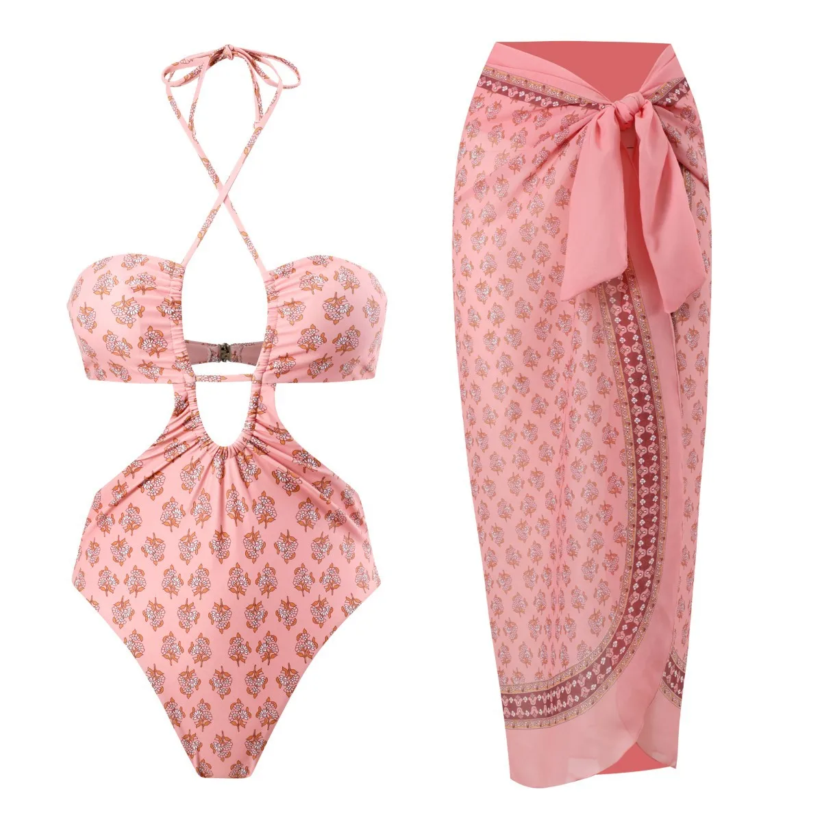 

2023 New Moroccan Print Swimsuit Bikini Shirring Halter Neck Foreign Trade Swimsuit Veil One-piece Swimwear Cover Up Beachwear