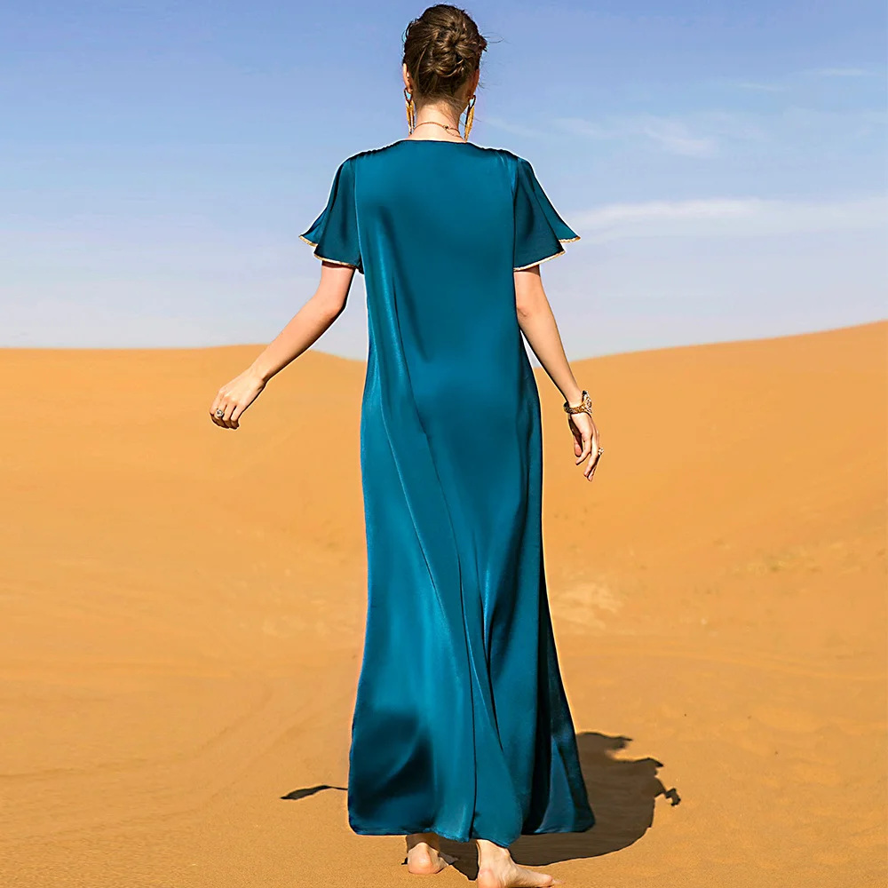 Women Outdoor Muslim Abaya Embroidery Silky Arabic Party Kaftan Dresses