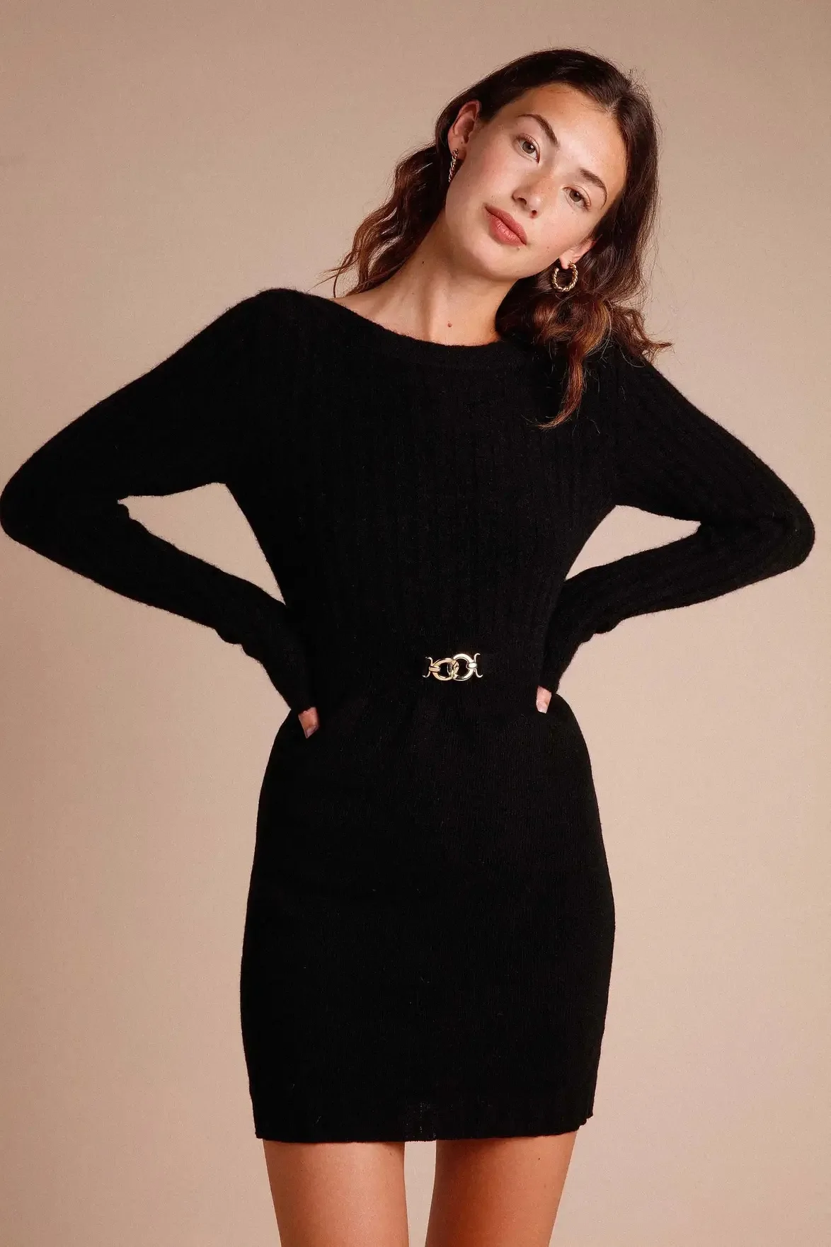 Autumn and Winter 2022 New Wool Blended Knitted One piece Gold Belt Long Sleeve Dress