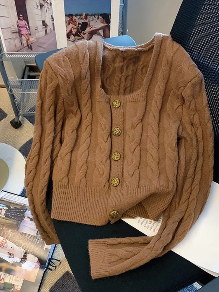 

Vintage Square Neck Thick Fried Dough Twist Sweater Women's Autumn Winter Loose Fashion Chic Short Sleeved Knitting Cardigan