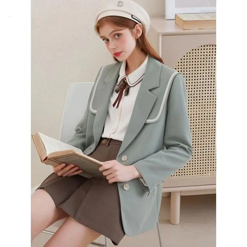 

Insozkdg Vintage Contrast Color Blazers Women Long Sleeve Single Breasted Pockets Casual High Sense Fashion Coat 2023 Spring New