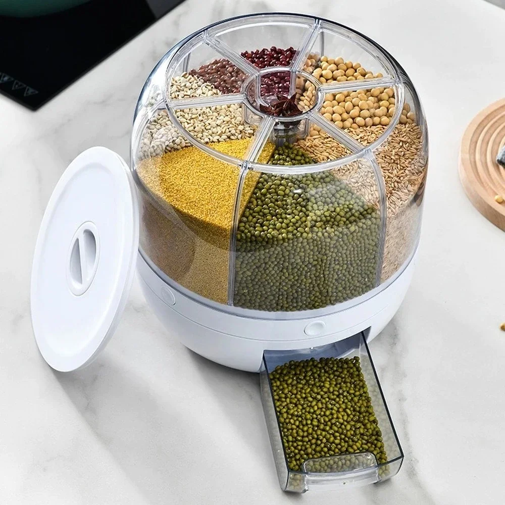 

360° Rotating Grain Dispenser Bulk Cereals Rice Barrels Separated Jars Sealed Insectproof Rice Tank Container Kitchen Storage