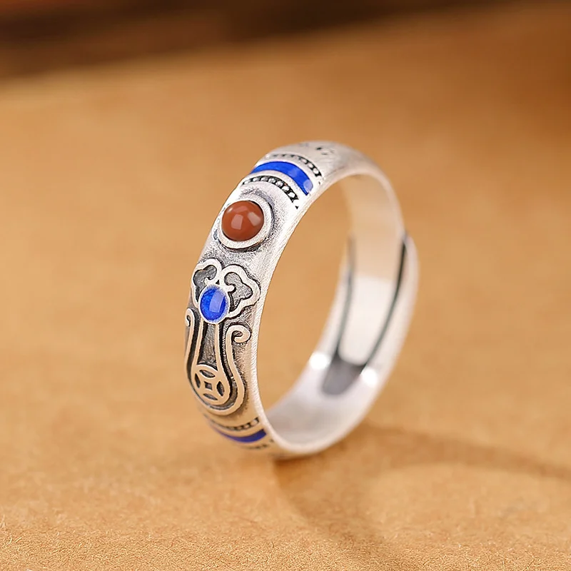 

Yilu серебряное S990 полностью Южно-красное перегородчатое синее сердечко праджна Сутра Руи круглое кольцо с шариком для мужчин и женщин