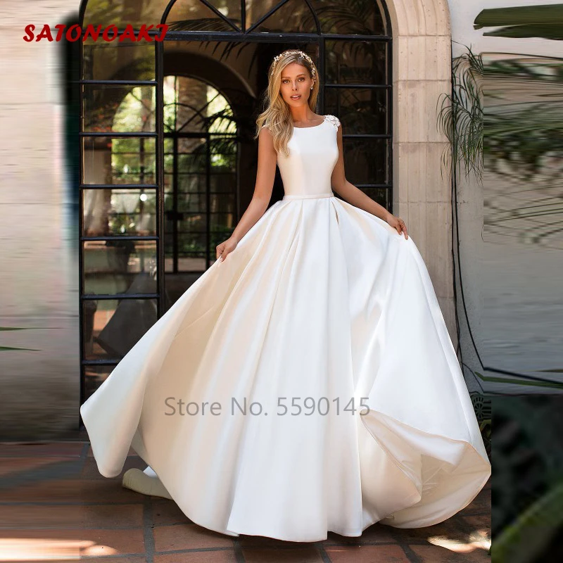 

Современное простое ТРАПЕЦИЕВИДНОЕ Белое Атласное свадебное платье с круглым вырезом без рукавов женское свадебное платье свадебные плат...