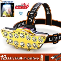 powerful headlamp usb rechargeable head lamp 12 led headlight waterproof head torch lantern with built in battery