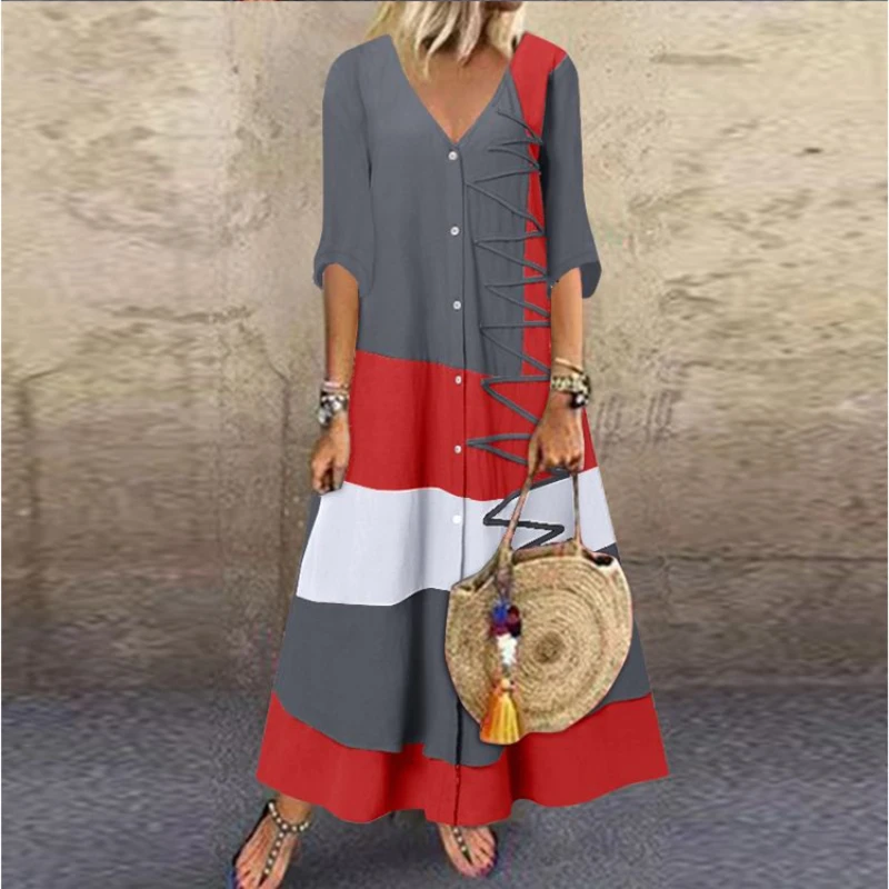 

Women Boho Print Maxi Dress Summer Vintage Casual Loose Short Sleeve Clothing Female Beach Holiday Party Long Kleid Vestidos