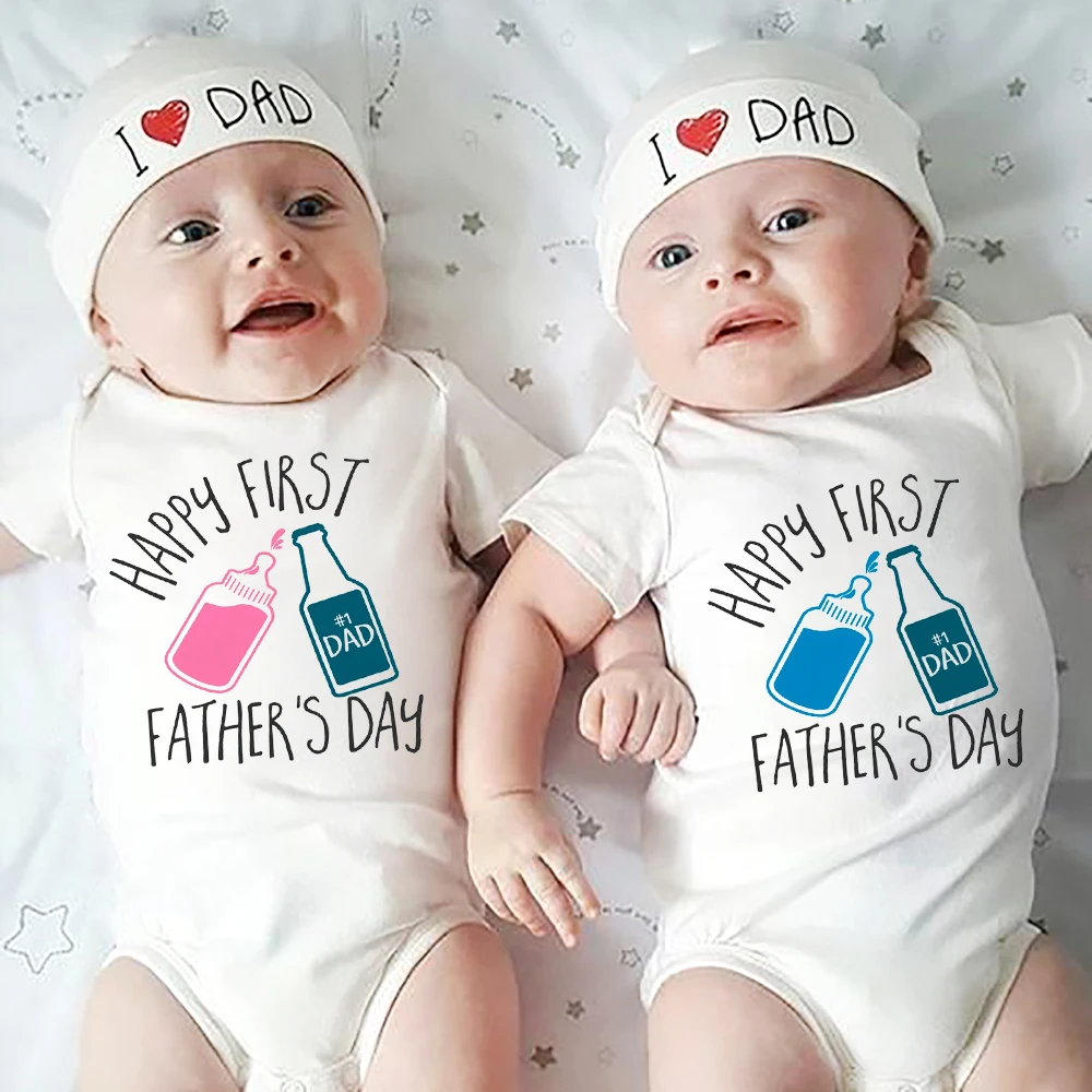 

Happy First Father's Day Twins Baby Boys Girls Romper Fashion Casual Summer Short Sleeve Bodysuit Father's Day Best Present