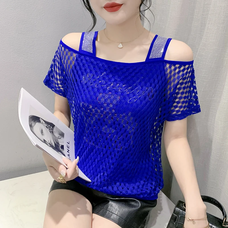 

Women's T-Shirt New 2023 Summer Short Sleeved Hot Diamond Hollow Out Mesh Tops M-3XL Female Clothes