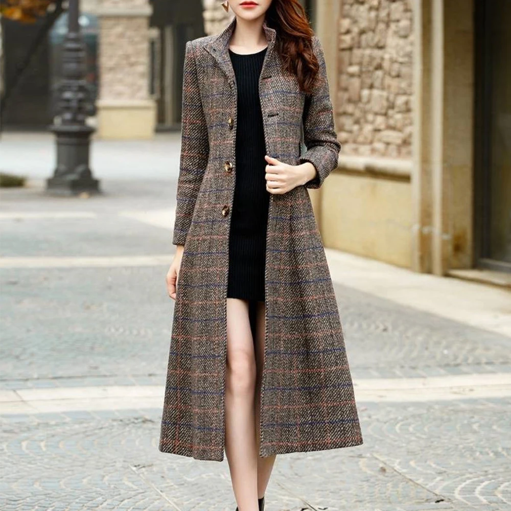 

Coat Women Spring 2022 For Women Long Winter Overcoat Plaid Slim Fitted Fashion Female Autumn Outerwear Office Lady Woolen Coat