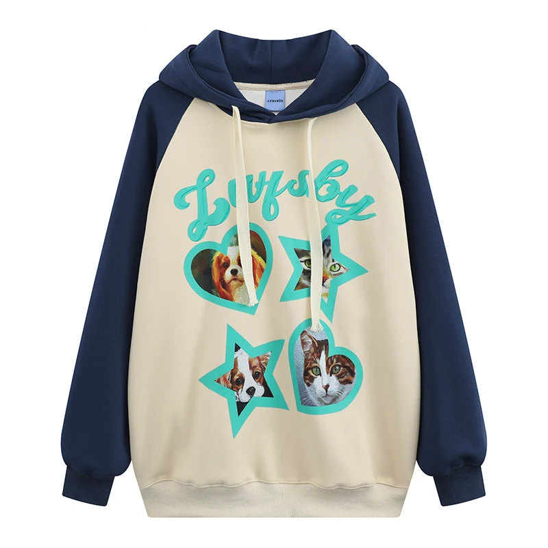 

Осенний пуловер большого размера, толстовки в стиле хип-хоп с принтом кота, звезд, собаки, сердца, уличная одежда с графическим принтом, модные повседневные толстовки в стиле Харадзюку С Капюшоном