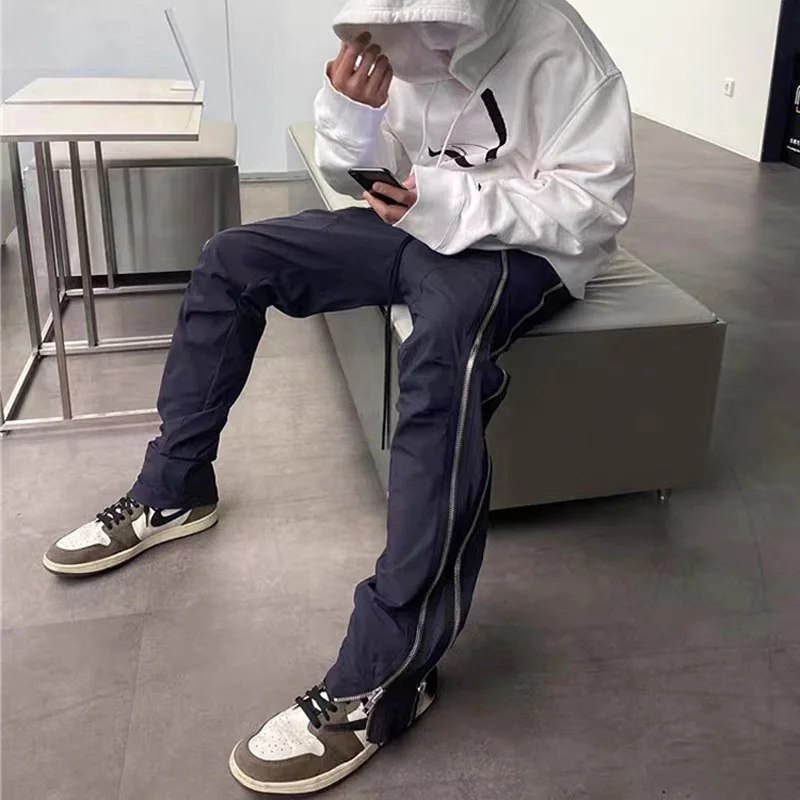 

Vibe style Double Side Zipper Black Casual Mens Trousers Oversized Straight Solid Color Loose High Street Track Pants Unisex
