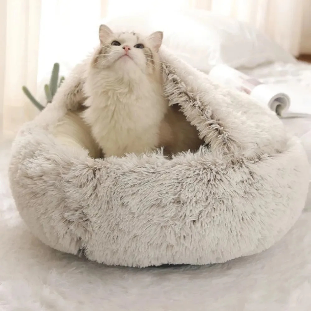 

2 In 1 Winter Long Plush Pet Beds Round Cats Cushion House Cat Basket Warm Sleeping Bag Sofa Nest Kennel for Small Dogs Kittens