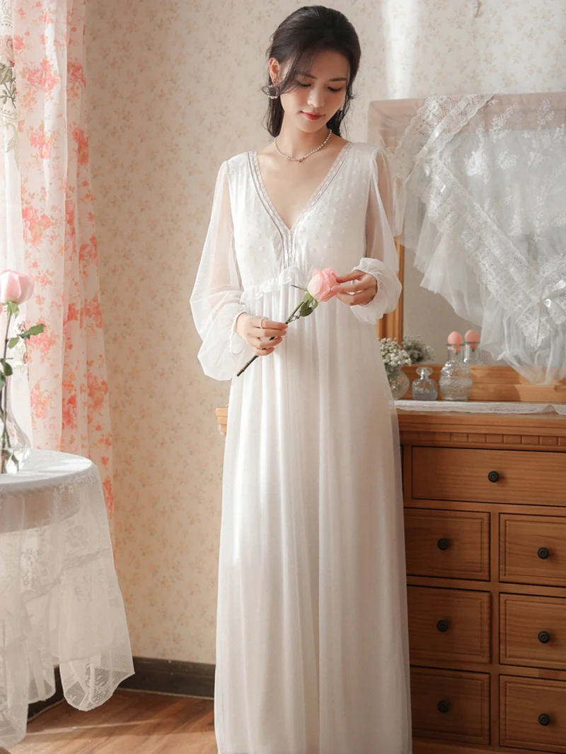 Women Vintage Night Dress V-Neck Mesh Fairy Long Sleeve Spring Nightgowns Victorian Princess Pajamas Home Sleepwear