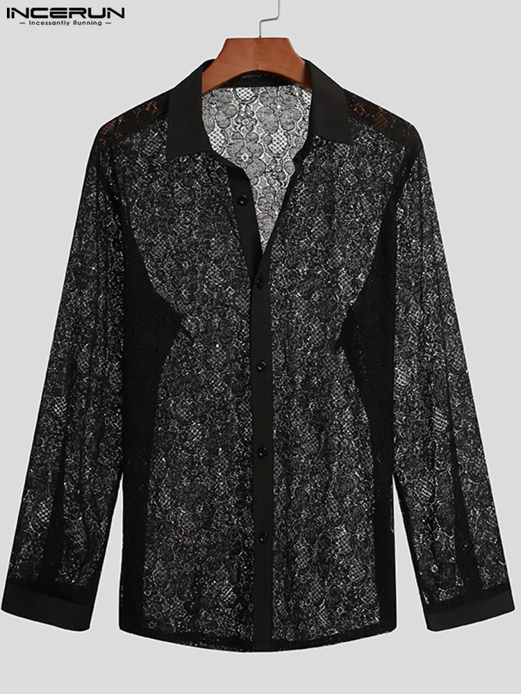 INCERUN Tops 2022 Men's Mesh Shirt Lace Lapel Long Sleeve See Through Button Sexy Party Nightclub Shirts Streetwear Camisa S-5XL