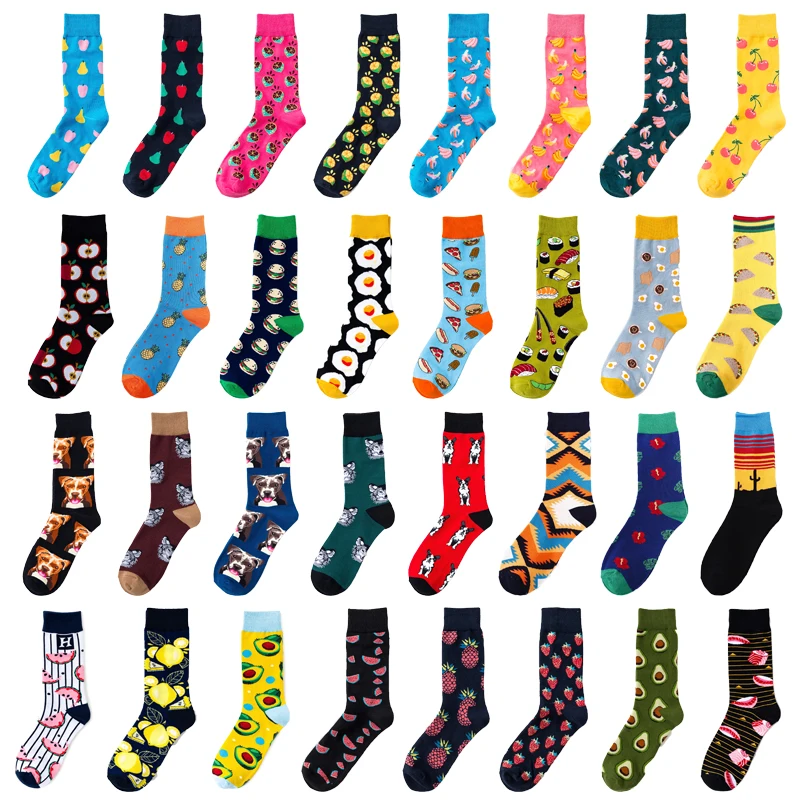 

Funny Men Fashion Harajuku Fruit Printed Socks Lovely Art With Avocado Sushi Food Animal Dog Happy sokken meias Dropshipping