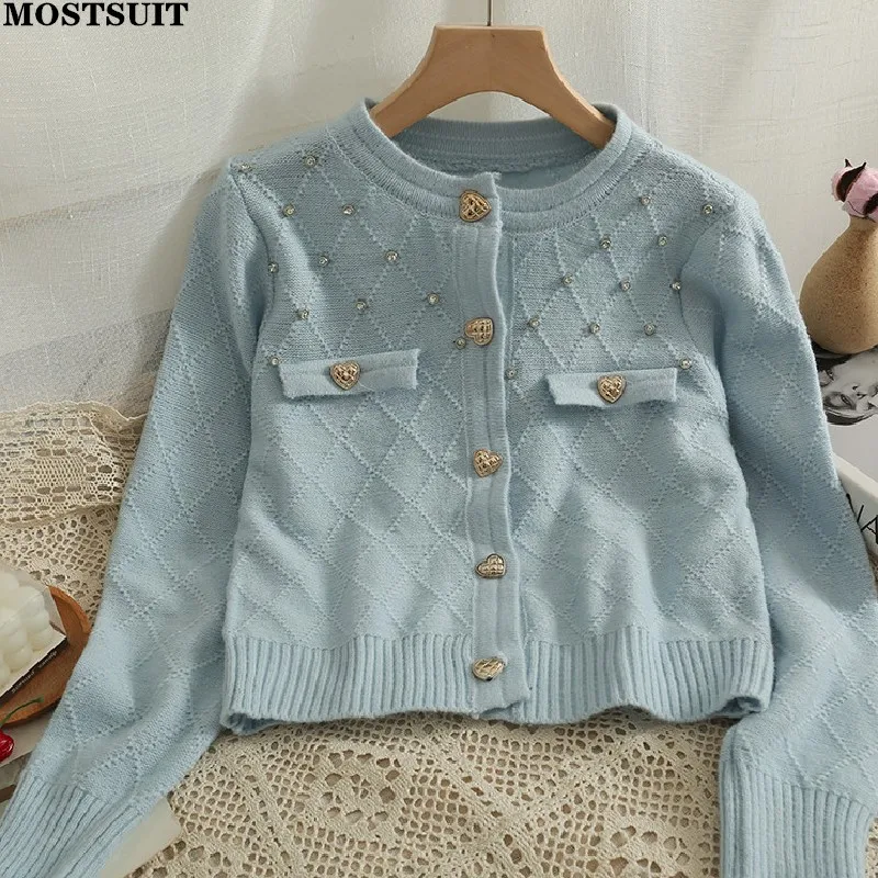 

Женский вязаный кардиган с длинным рукавом, однобортный укороченный топ с круглым вырезом и бриллиантами в Корейском стиле, элегантные ВИН...