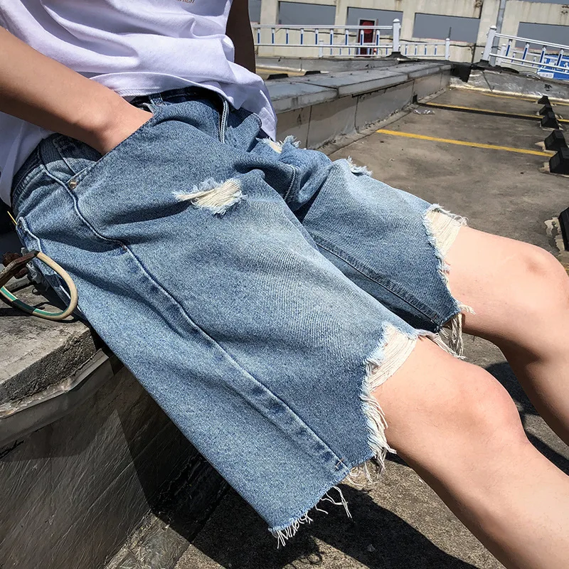 Beggar Pants Men's Jeans Summer Perforated Denim Shorts Korean Fashion Loose Knee Length Thin Vintage Jeans Men Streetwear
