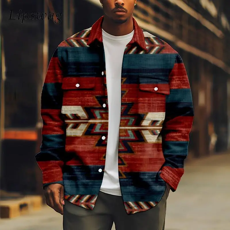 

Vintage Ethnic Graphic Print Corduroy Jacket Men Autumn Outerwear Casual Long Sleeve Oversize Shirt Jackets Fashion Mens Coats
