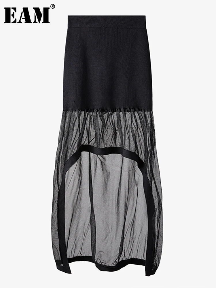 

[EAM] High Elastic Waist Black Gauze Irregular Knitting Half-body Skirt Women Fashion Tide New Spring Autumn 2022 1DD6927