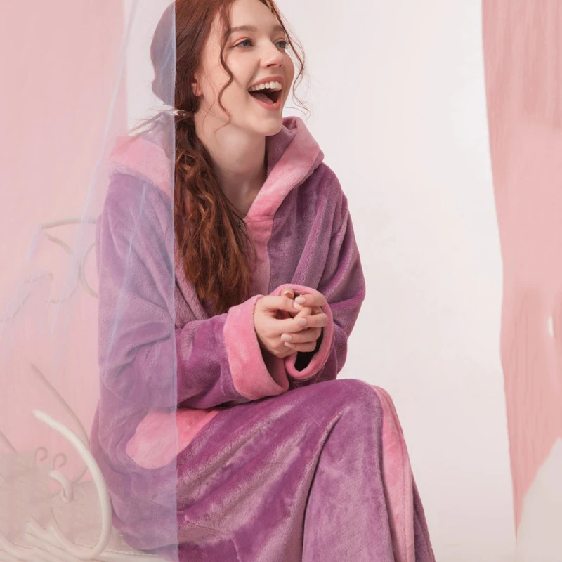 New Flannel Robe Women Coral Fleece Hoody Warm Thicken Thermal Bathrobe Cute Pocket Long Gown Sleepwear Winter Homewear Bathrobe