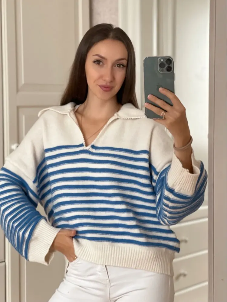 

Женский трикотажный свитер ENE KYE, осенний, с воротником с лацканами, с длинным рукавом, свободный, винтажный