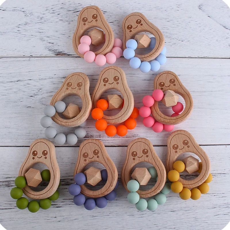 

Baby Pacifier Chain Beech Wooden Avocado Bracelet Teether Nipple Dummy Clip Holder Infants BPA Free Silicone Beads Teething Soot