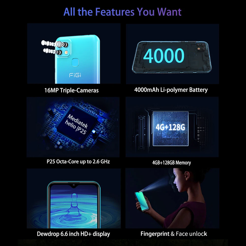FIGI Note 1 Pro Octa Core 6.6Inch Android 9 Cellphone 4GB 128GB SmartPhone 16MP Al Triple-Cameras 4000mAh Helio P25 Mobile Phone