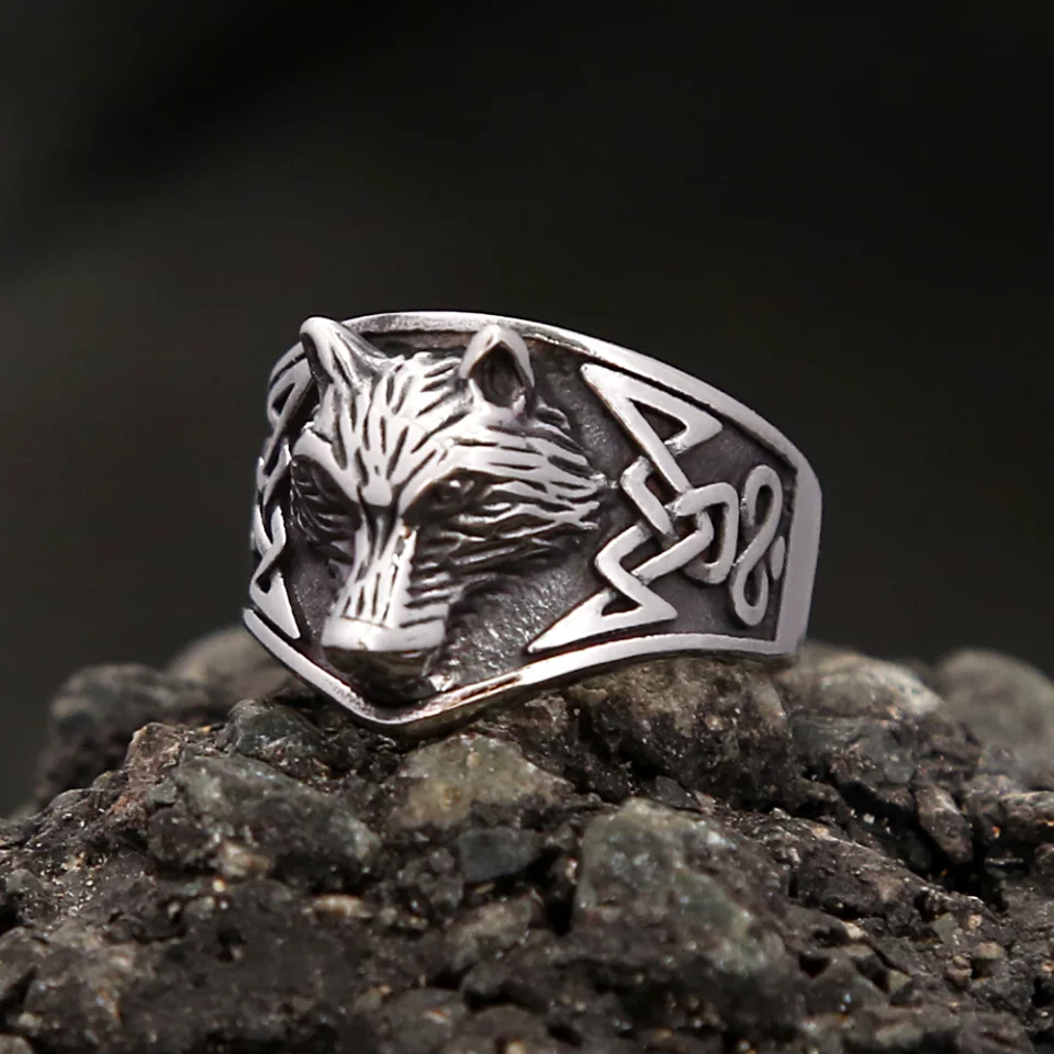 

Punk Fashion Viking Wolf Head Rings Vintage 316L Stainless Steel Celtic Knot Ring For Men Women Amulet Jewelry Gift Dropshipping