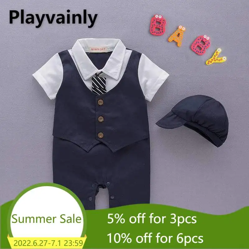 

Wholesale 2021 Baby Boy Sets bow tie Short Sleeve cotton Romper+hat 2 Piece Suit Boy Clothes E13215