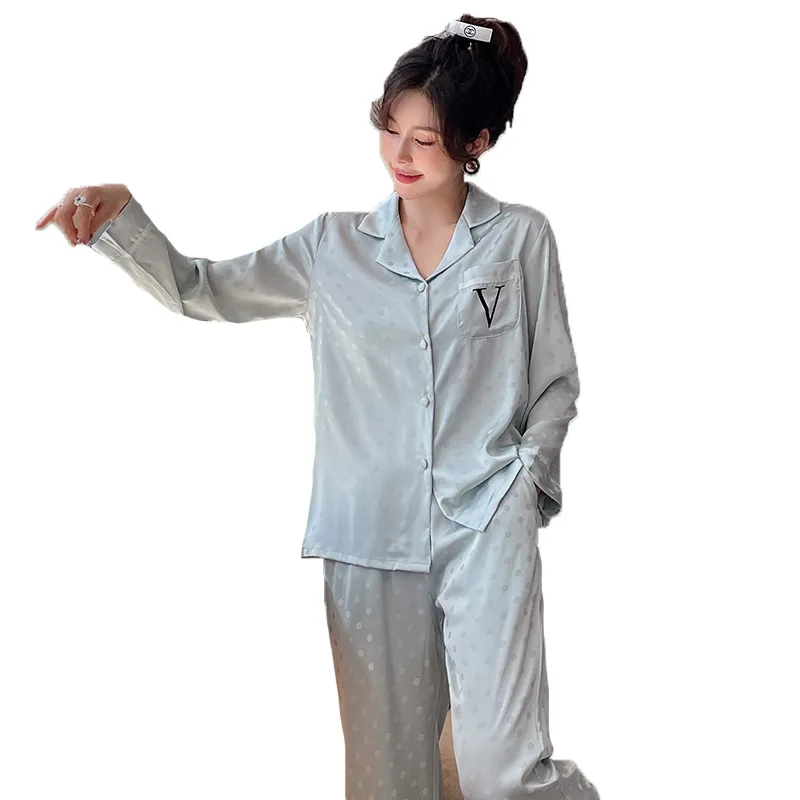 Spring and Autumn Women's Imitated Silk Pajamas New Polka Dot Jacquard Homewear Thin Suit Loose Suitable for Daily Wear Pajamas