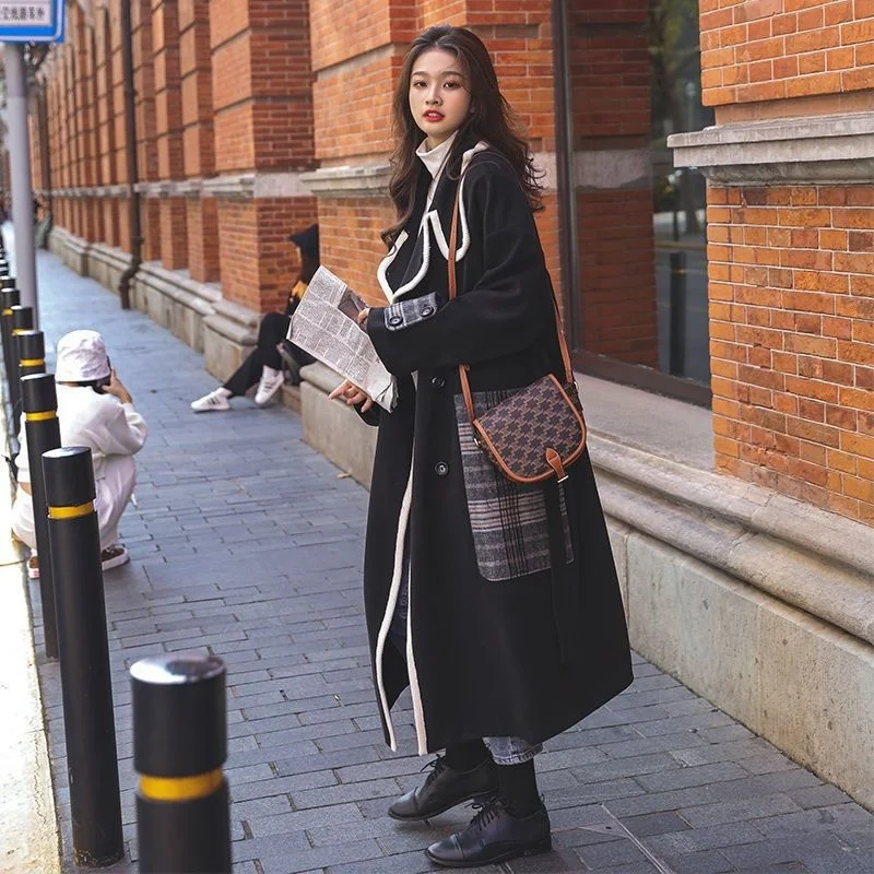 

Vintage Coat Women Winter Big Pocket Korean Fashion Thickened Cotton Outerweart Women Long Woolen Blends Warm