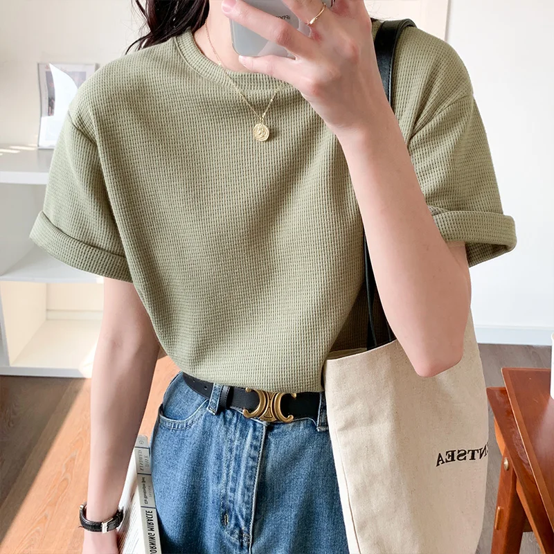 Футболка женская с вафельным принтом офисный простой Повседневный Топ лето |