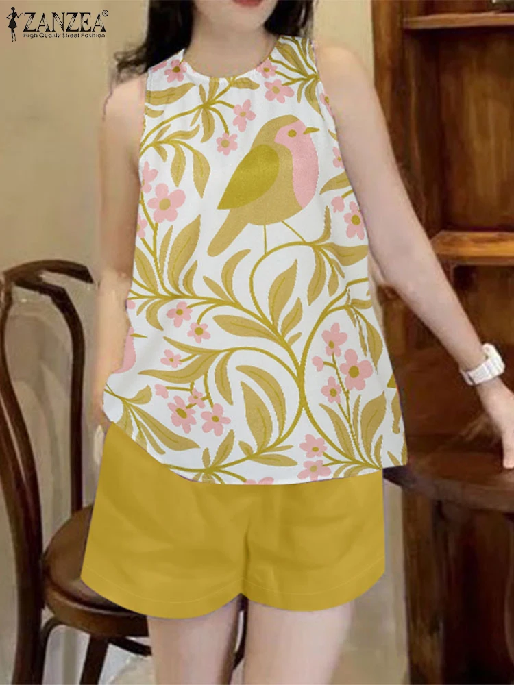 Богемные короткие комплекты ZANZEA летние топы без рукавов костюмы модные