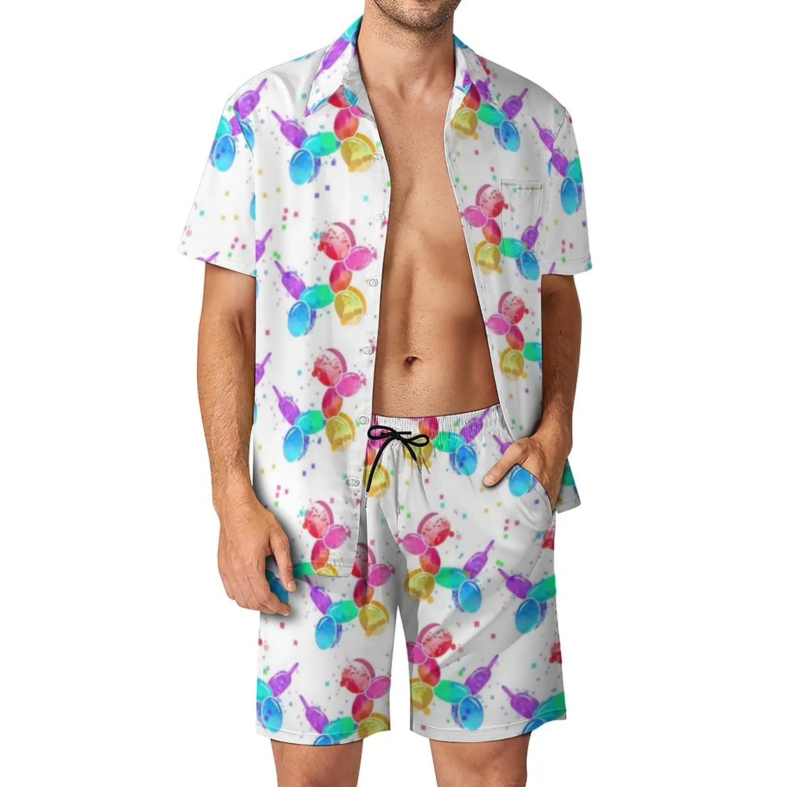 

Balloon Dogs Men Sets Rainbow Animal Print Trendy Casual Shirt Set Short-Sleeve Shorts Summer Vacation Suit Plus Size
